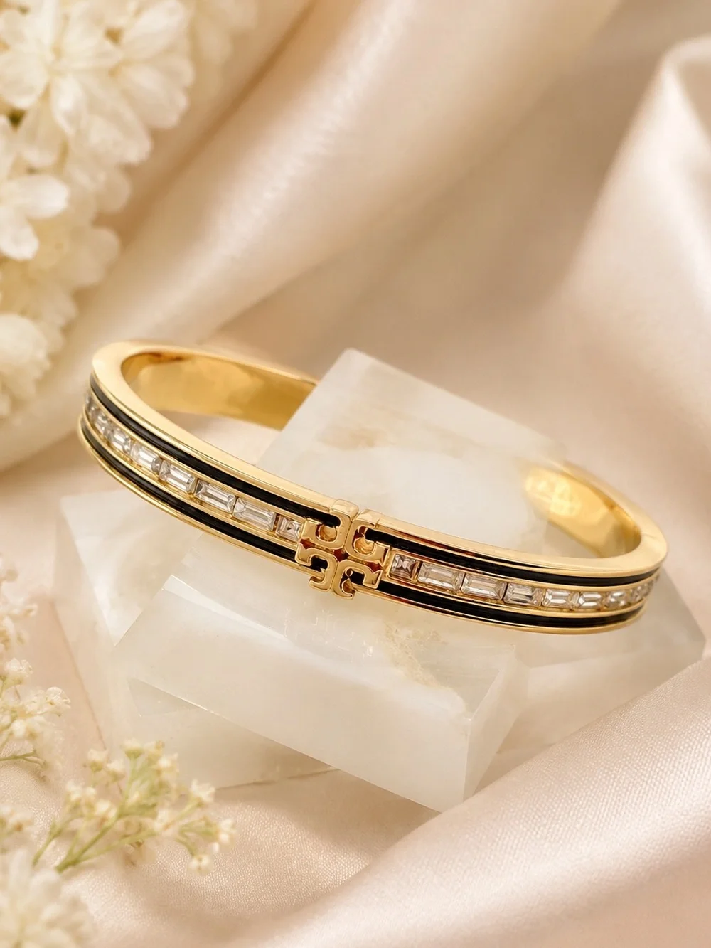 Tory Burch Gold and Black Enamel Logo Bangle with Crystal Accents